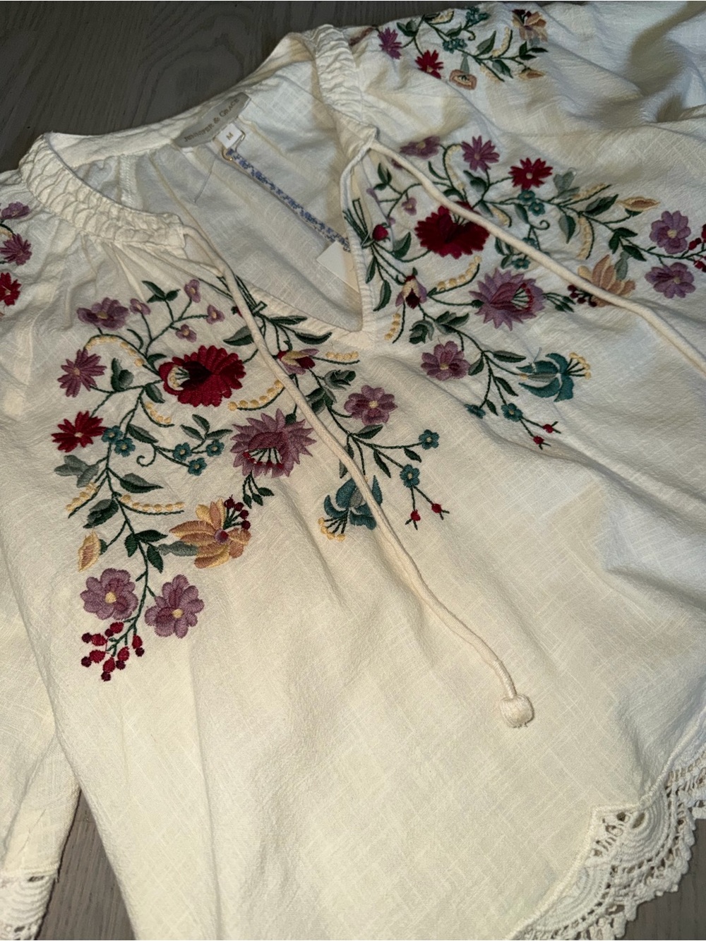 Jennifer & Grace Cream Boho Embroidered Peasant Blouse with Floral Accents - Picture 2 of 4